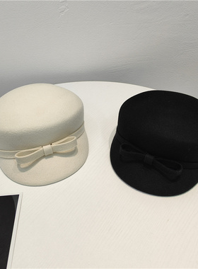 法式复古富家千金海军帽女秋冬白色羊毛呢蝴蝶结画家帽子报童帽潮