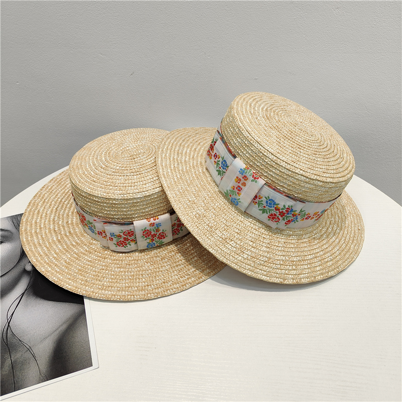 民族风复古刺绣蝴蝶结遮阳麦秆草帽女夏季英伦百搭时尚平顶帽子潮