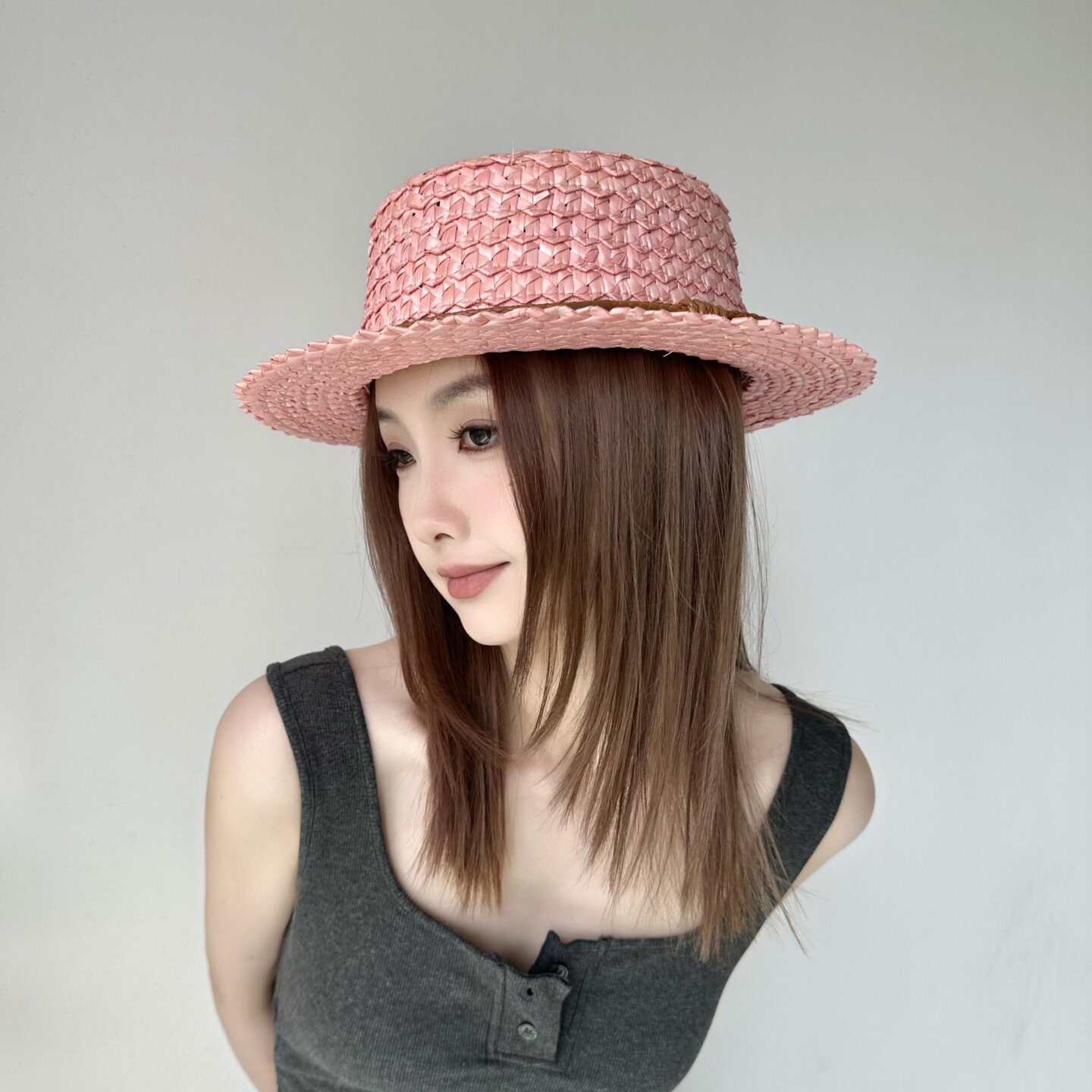 小众时尚百搭个性粉色小檐菠萝纹麦秆草帽奶茶夏季出游遮阳防晒帽