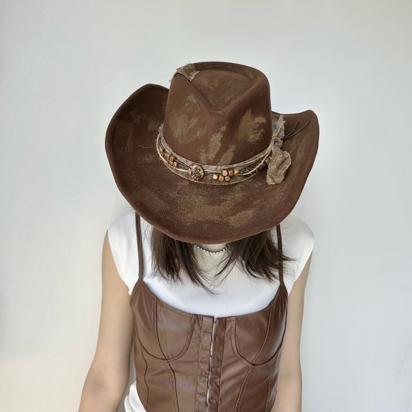 原创火烧补丁气质暗黑风卷边仿毛呢巴拿马爵士帽子西部牛仔礼帽男