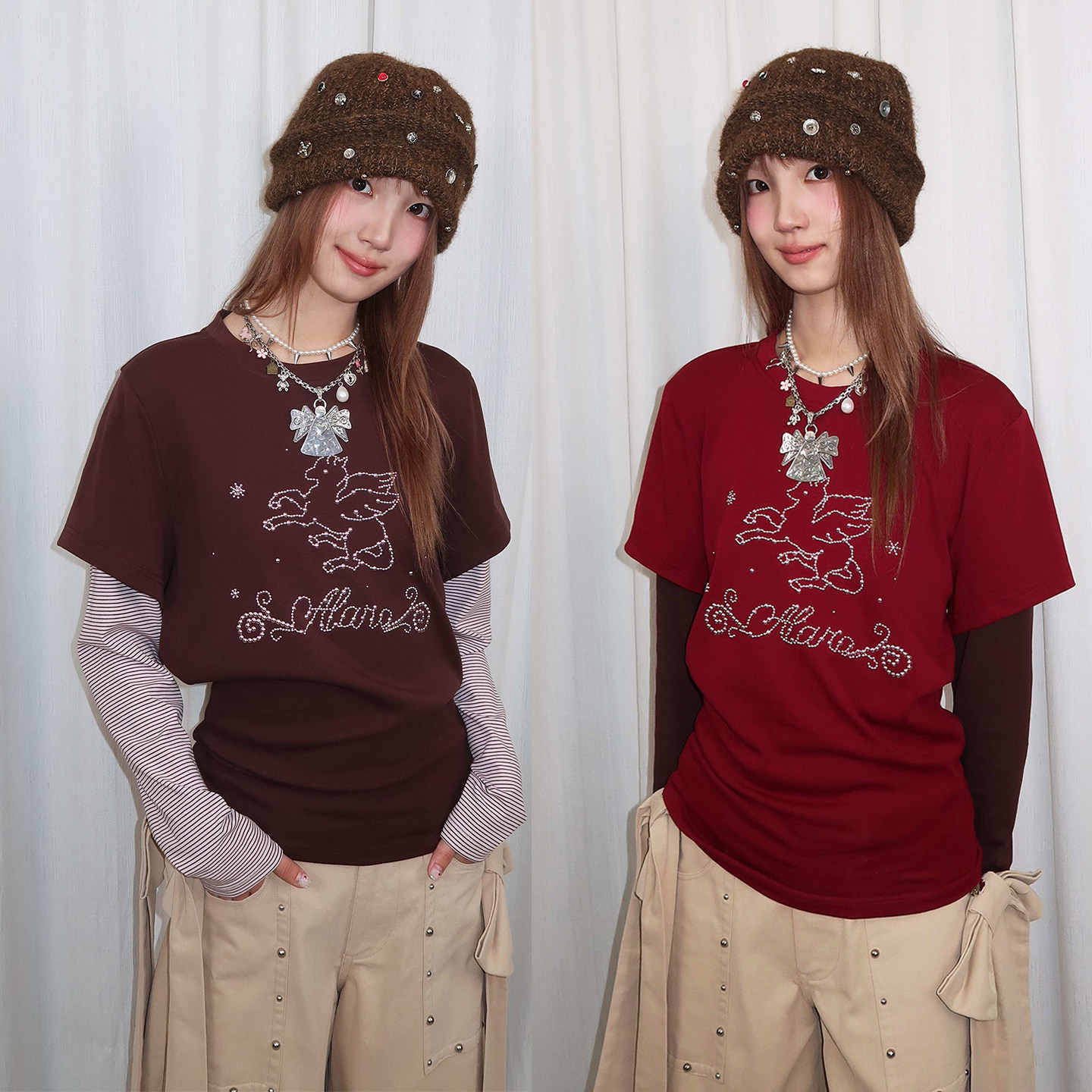 SelfMing马年小飞马字母烫钻针织假两件打底撞色条纹长袖T恤女,女装/女士精品,T恤,淘宝优惠券,粉丝福利购,淘宝优惠卷