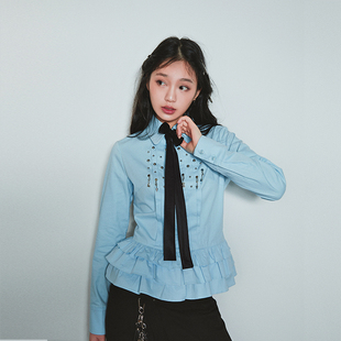 SelfMing学院风荷叶层叠下摆衬衫2025春季新款朋克小熊铆钉衬衣