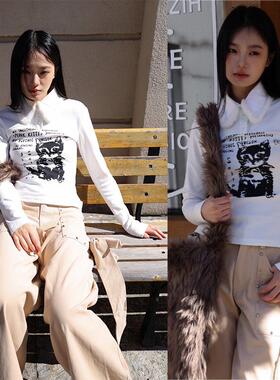 SelfMing小猫印花长袖针织衫春季新款朋克风毛领修身polo衫