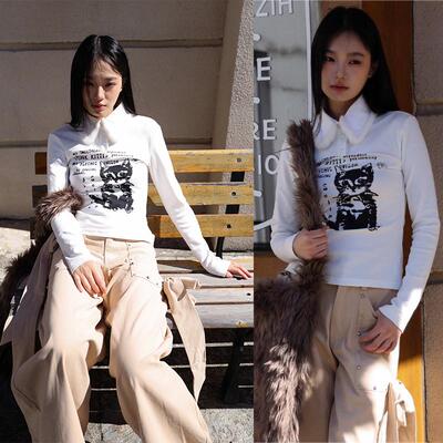 修身长袖朋克小猫印花polo衫