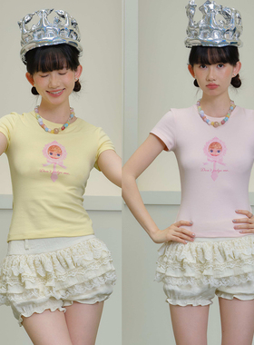 SelfMing趣味原创魔镜女孩印花圆领正肩显瘦高弹力短袖T恤