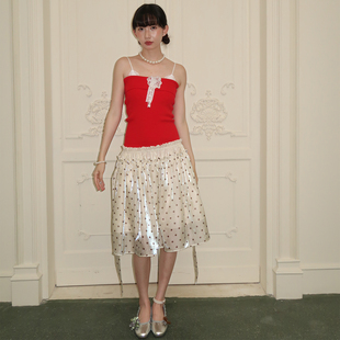 SelfMing波点欧根纱醋酸天丝层叠花苞双腰头芭蕾伞裙