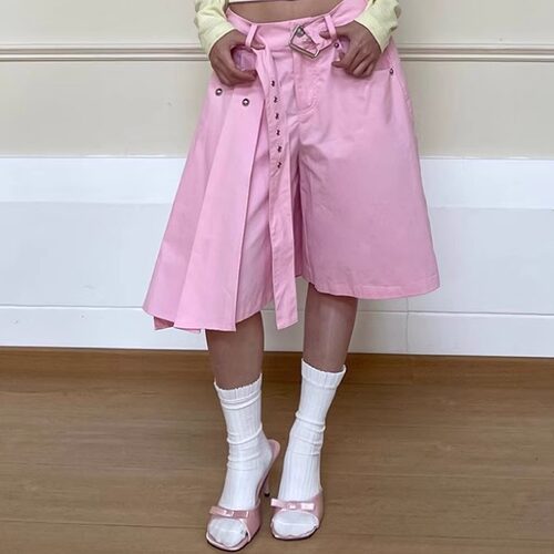 春夏粉色铆钉百褶假两件休闲中裤