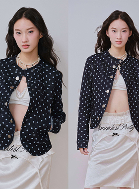 SelfMing复古波点印花弧摆修身收腰立领牛仔夹克外套女