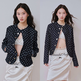 SelfMing复古波点印花弧摆修身收腰立领牛仔夹克外套女