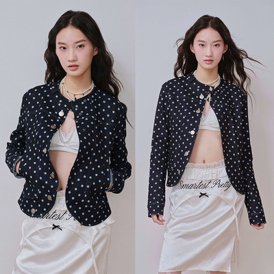 波点修身收腰立领牛仔夹克外套