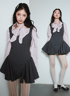 SelfMing灰色铆钉连衣裙春季学院风宫廷蓬蓬裙辣妹鱼骨A字裙