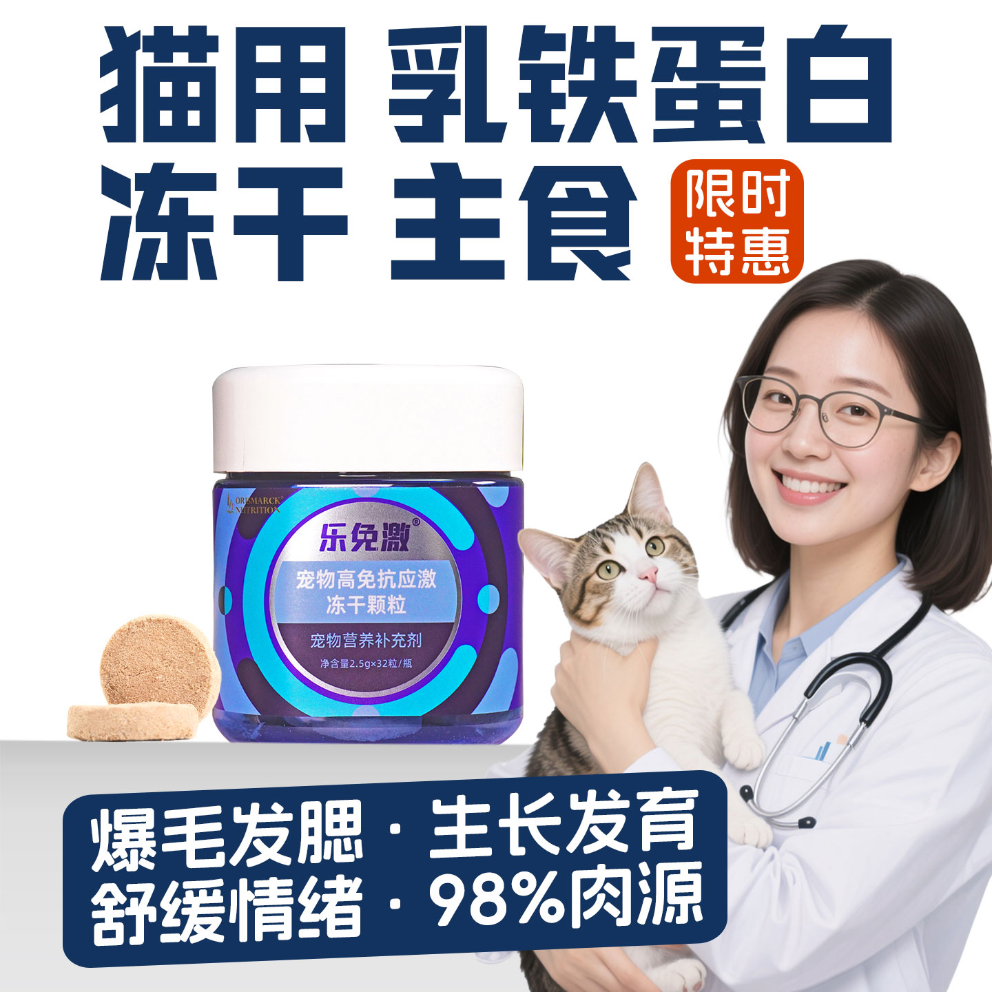 猫用乳铁蛋白冻干主食爆毛发腮强免疫力舒缓情绪肠胃调理营养鸡肉