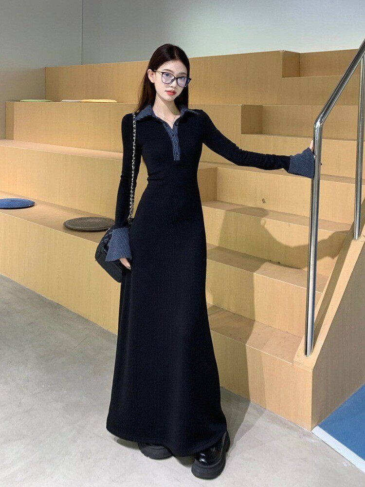 黑色polo针织连衣裙女秋冬季新款穿搭大衣内搭打底气质鱼尾长裙子