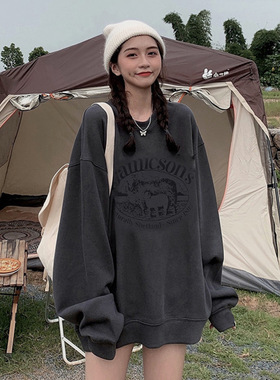灰色胖美眉纯棉复古美式宽松圆领显瘦大码卫衣女款秋冬外套上衣女