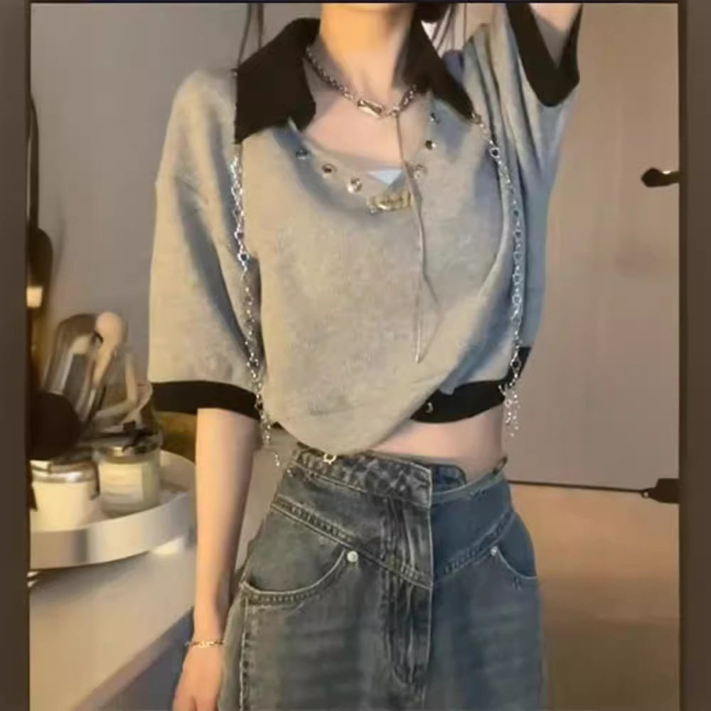 美式V领辣妹polo领衫设计感小众短袖t恤女夏季新款短款不规则上衣