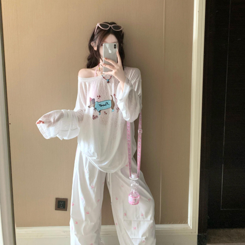韩系防晒长袖T恤女夏外穿宽松显瘦白色露肩慵懒冰丝薄纱罩衫上衣