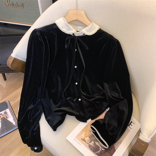 法式黑色丝绒娃娃领衬衫女春秋设计感千金风上衣轻奢内搭外套女装