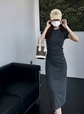 灰色收腰辣妹风修身简约连衣裙夏季慵懒风内搭小个子长裙包臀裙女