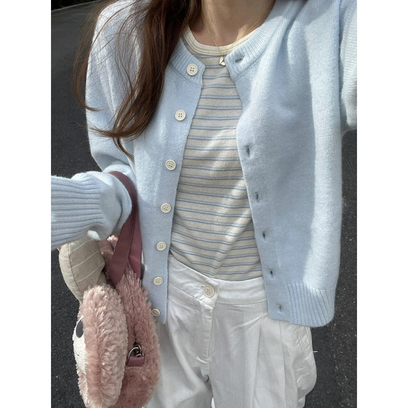 奶蓝色开衫学院风外套女2025春秋季新款温柔针织衫高级感软糯上衣