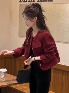 红色小香风外套女2025春秋新款洋气轻奢气质名媛高级感粗花呢上衣