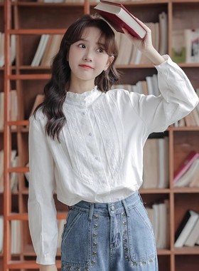 法式立领木耳边白色内搭叠穿衬衫女独特减龄洋气chi风长袖上衣女