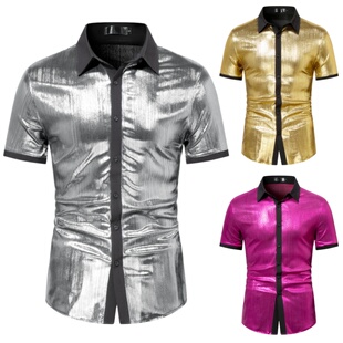 男士街头风银色衬衫金色闪光亮面短袖T恤上衣大码歌手舞台演出服