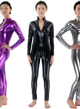 金属色涂胶仿皮紧身衣性感机车服黑衣人隐身服女士弹力拉链连体衣