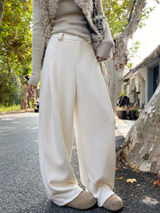 米白色醋酸羊毛呢阔腿裤女冬季新款高腰直筒西装裤加绒糯米弯刀裤