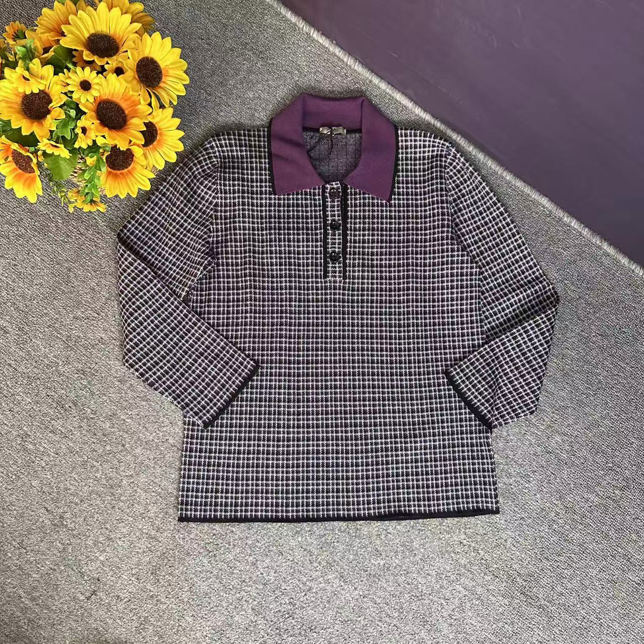 蘑菇英国代  紫色格纹九分袖翻领羊毛针织衫 42码胸围96