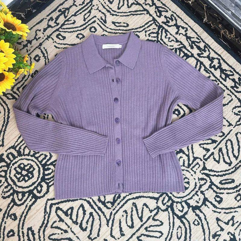 蘑菇英国代购TYZHURA 特价  紫色水晶扣羊绒polo衬衫
