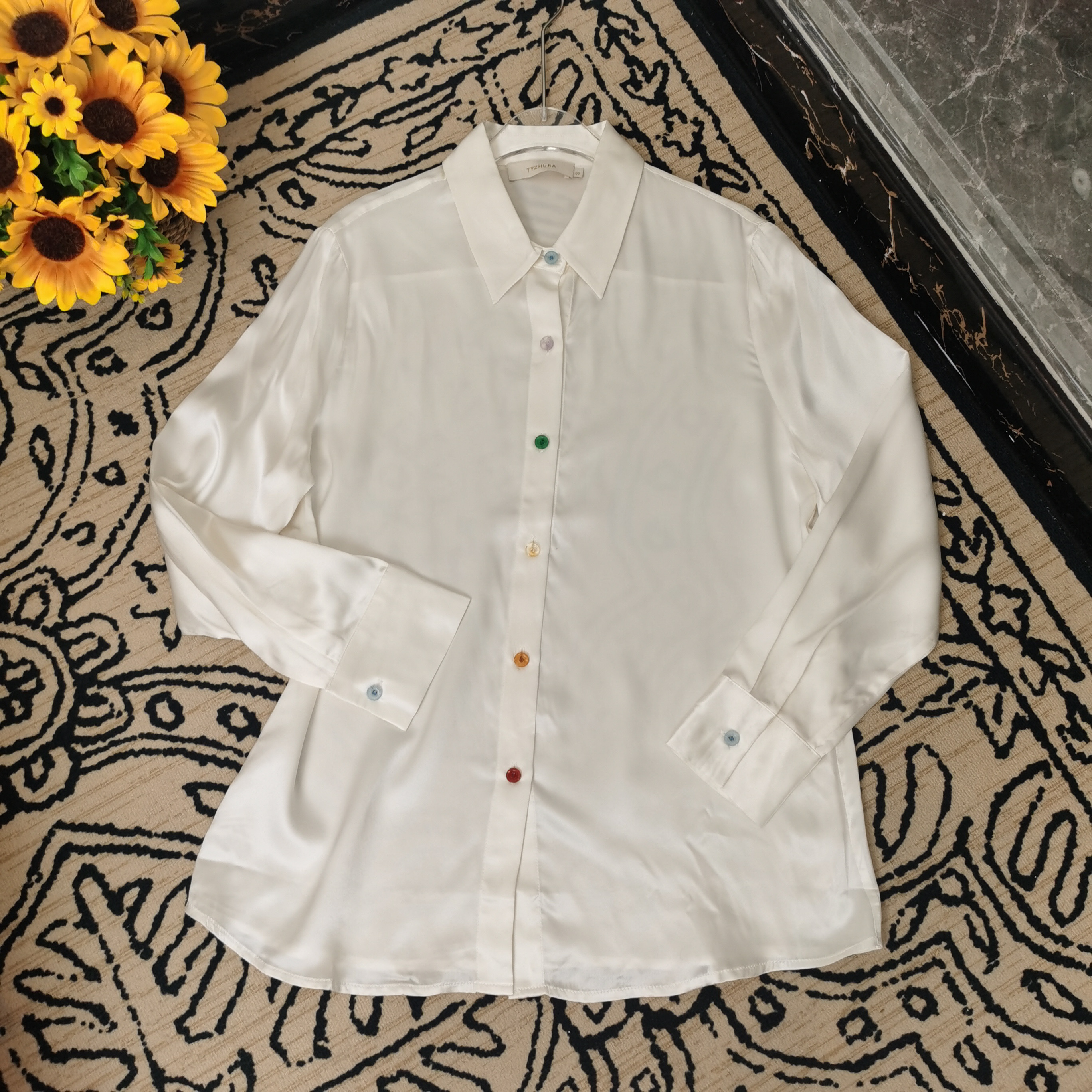 蘑菇英国代购 TYZHURA特价脉轮系列彩色宝石扣真丝衬衫小码胸围98