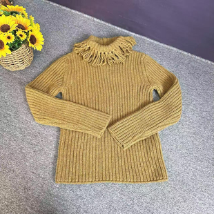 蘑菇英国代 土黄色领口流苏针织羊绒衫 38码胸围92