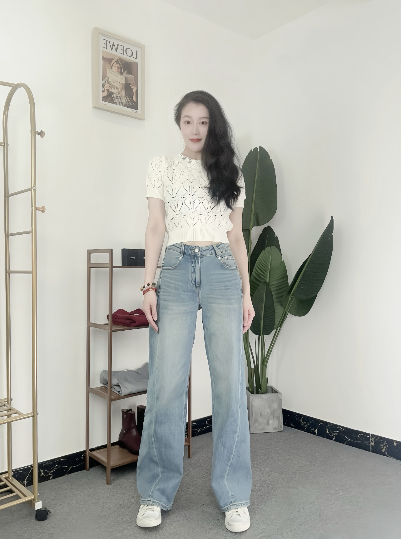 蘑菇英国代购 TYZHURA 25年春夏款 浅蓝色磨白高腰直筒阔腿牛仔裤
