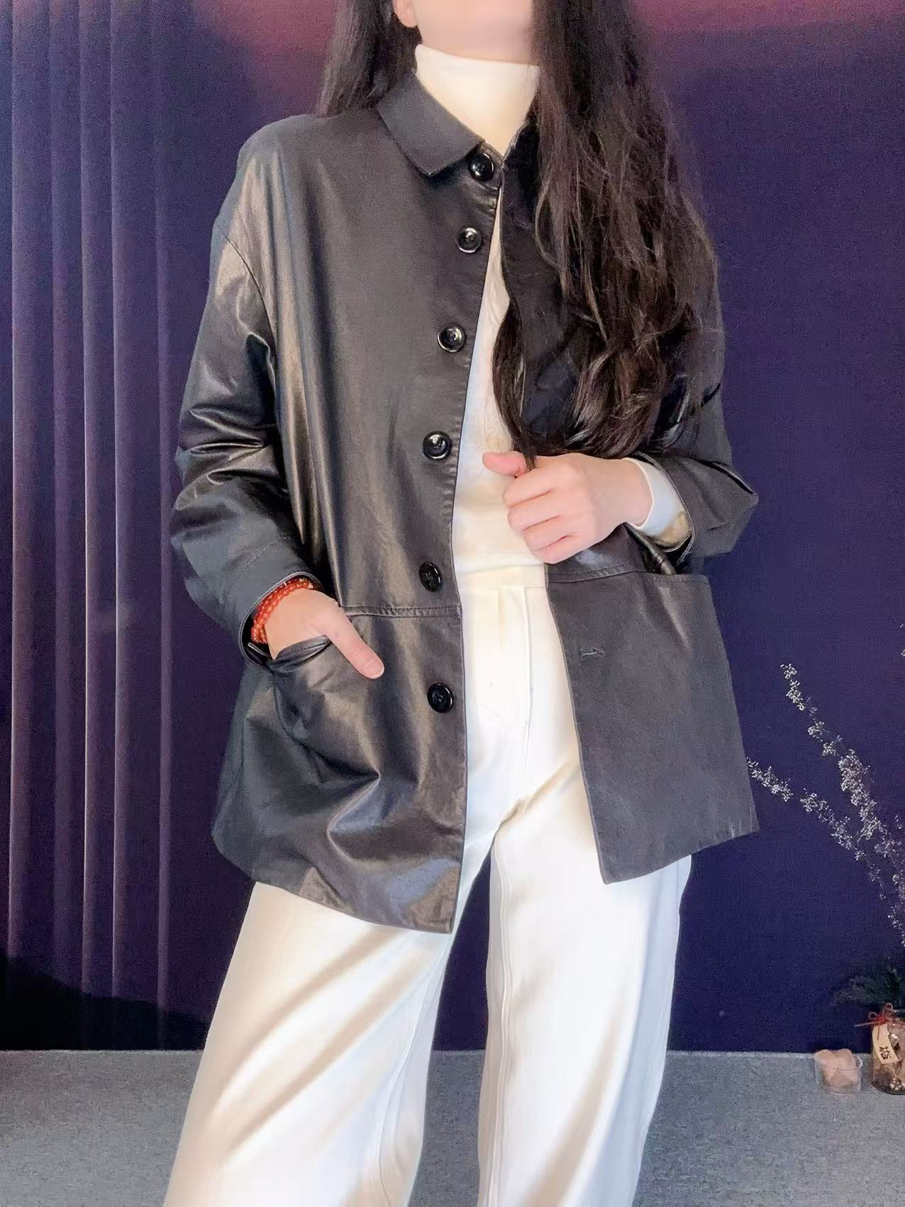 蘑菇英国代 TYZHURA 25早秋  黑色宝石扣子休闲皮衣外套