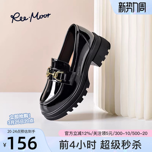 黑色睿慕 马衔扣厚底中跟女鞋 reemoor漆皮小皮鞋 英伦风百搭乐福鞋
