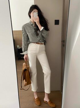 2026春秋夏季款薄款八九分法棍烟管裤白色直筒牛仔裤女高腰显瘦