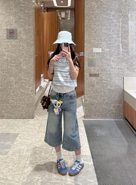 150小个子美式复古七分水洗蓝牛仔裤女夏季新款修身宽松阔腿裤子