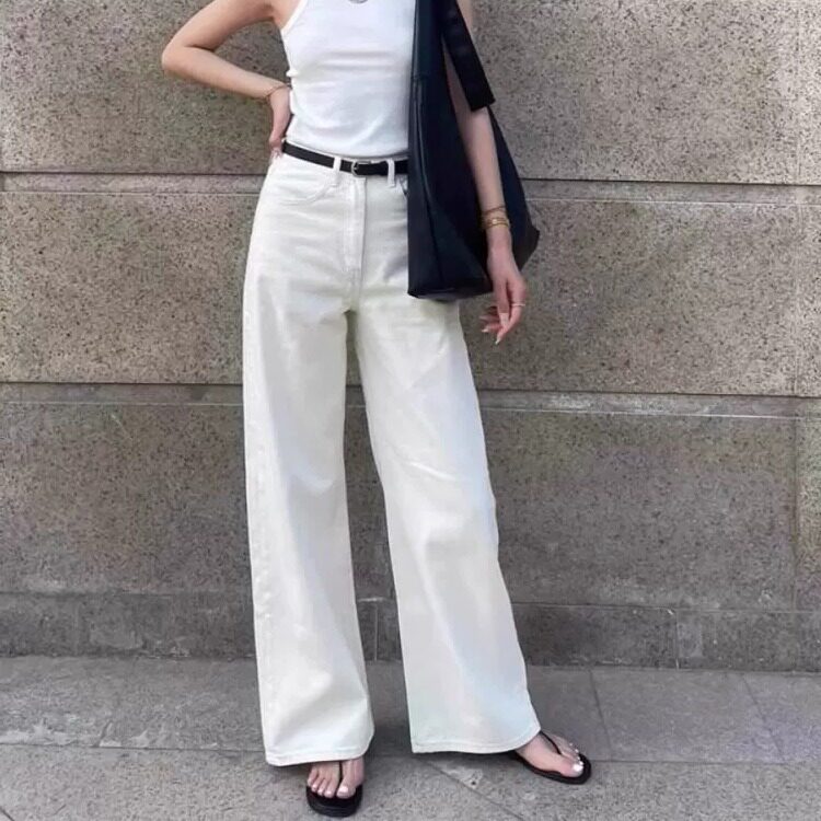 白色美式高腰休闲百搭阔腿牛仔裤女秋季新款简约宽松垂感直筒长裤