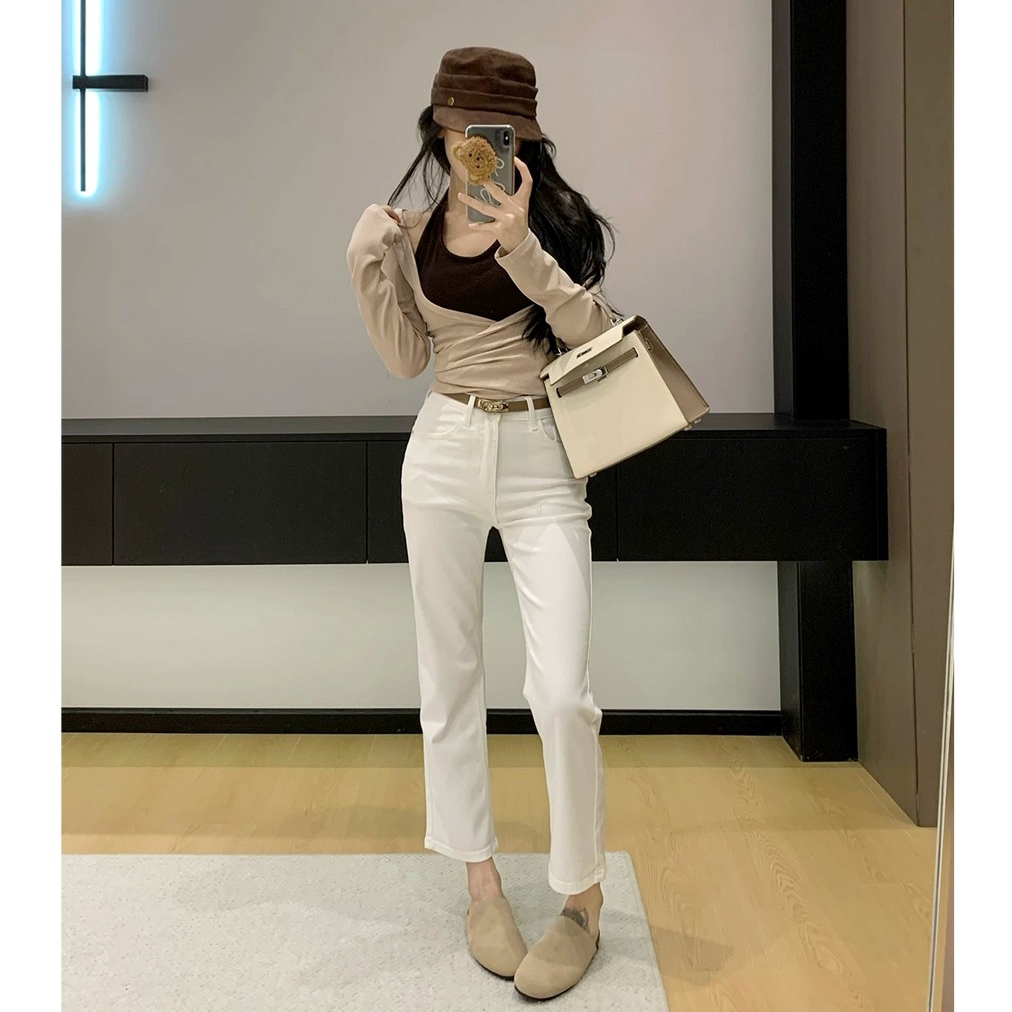 白色休闲气质八九分窄版直筒牛仔裤女2026秋季高腰修身显瘦烟管裤