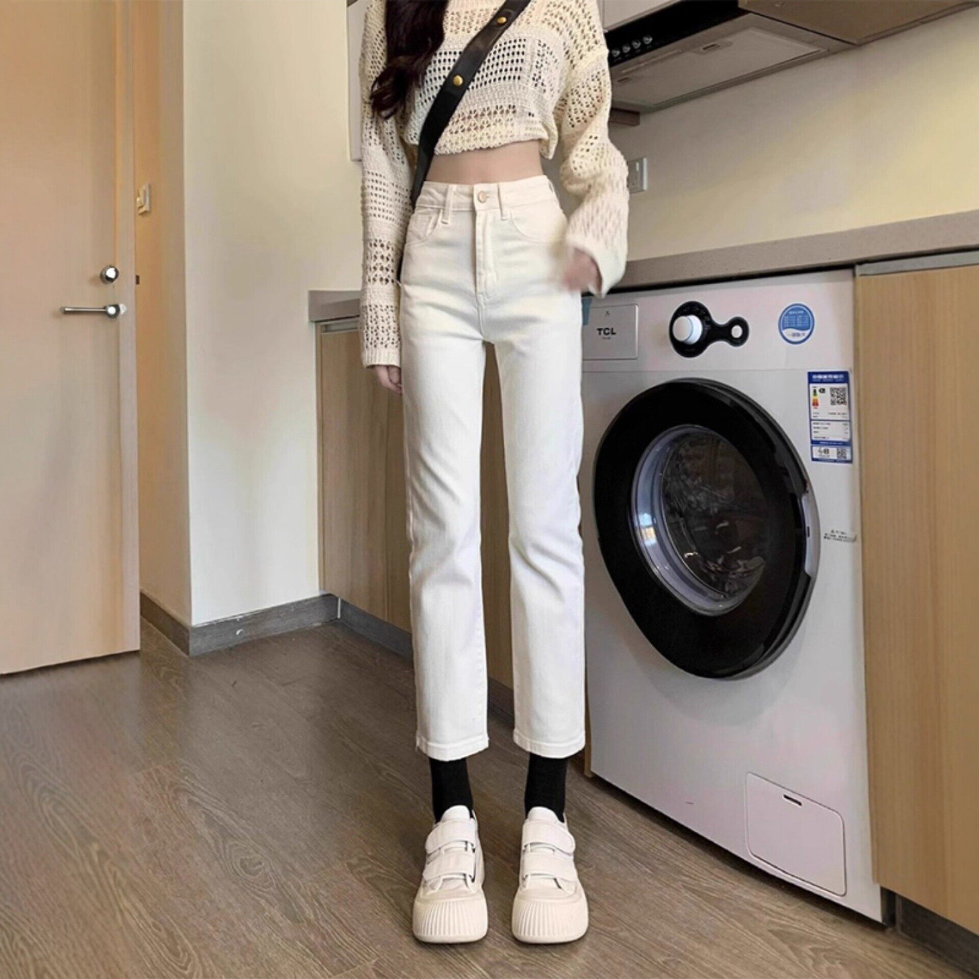 白色高腰直筒牛仔裤女2026春夏弹力修身显瘦小个子休闲百搭烟管裤