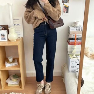 蓝灰色小直筒牛仔裤女2026高腰弹力爆款小个子春秋九分烟管裤子女
