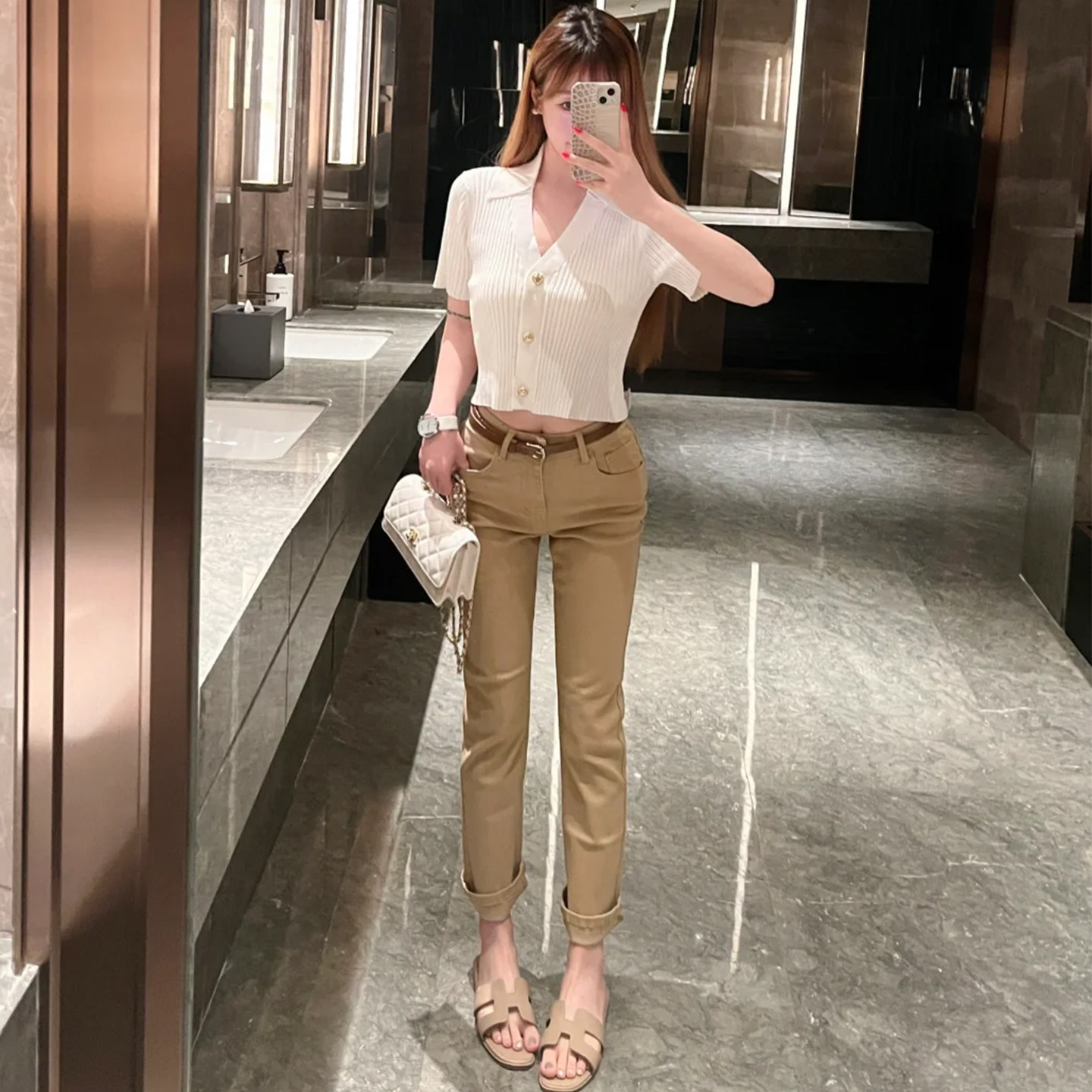 小个子卡其色九分直筒牛仔裤女2026秋季新款修身显瘦弹力烟管长裤