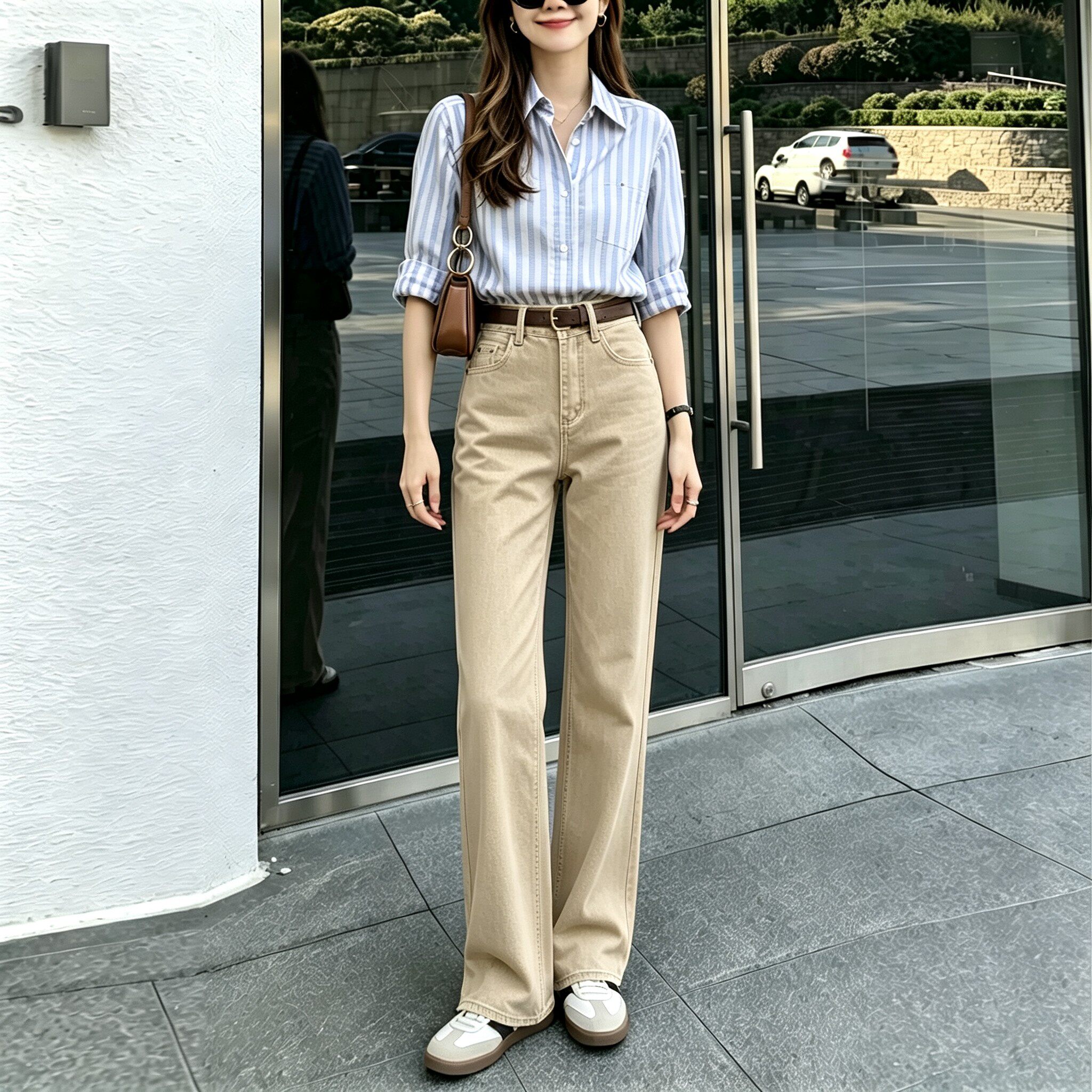 秋季美拉德卡其色宽松直筒牛仔裤女秋季潮牌垂感简约百搭阔腿长裤