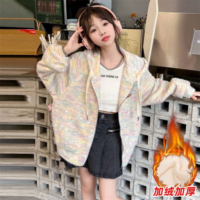 女童外套秋冬款2025新款大童针织开衫小女孩儿童连帽秋冬季上衣潮