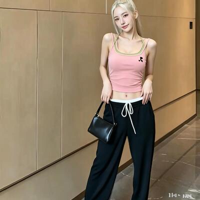 韩国restandrecreation粉色挂脖吊带背心女带胸垫rr假两件