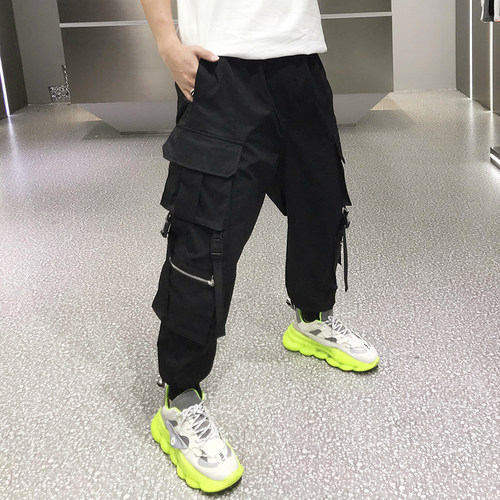 韩版潮流机能风黑色束脚工装裤