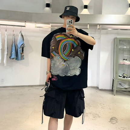 2025新款夏季水洗做旧短袖T恤男士潮牌重磅复古手绘涂鸦印花半袖