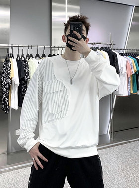 春秋款加绒卫衣男士宽松长袖t恤外套加厚上衣设计感拼接男装美式