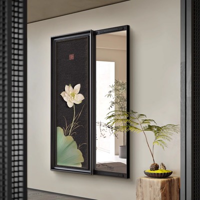 新中式中古风镜子装饰画客厅法式高级感隐藏式推拉全身穿衣镜挂画