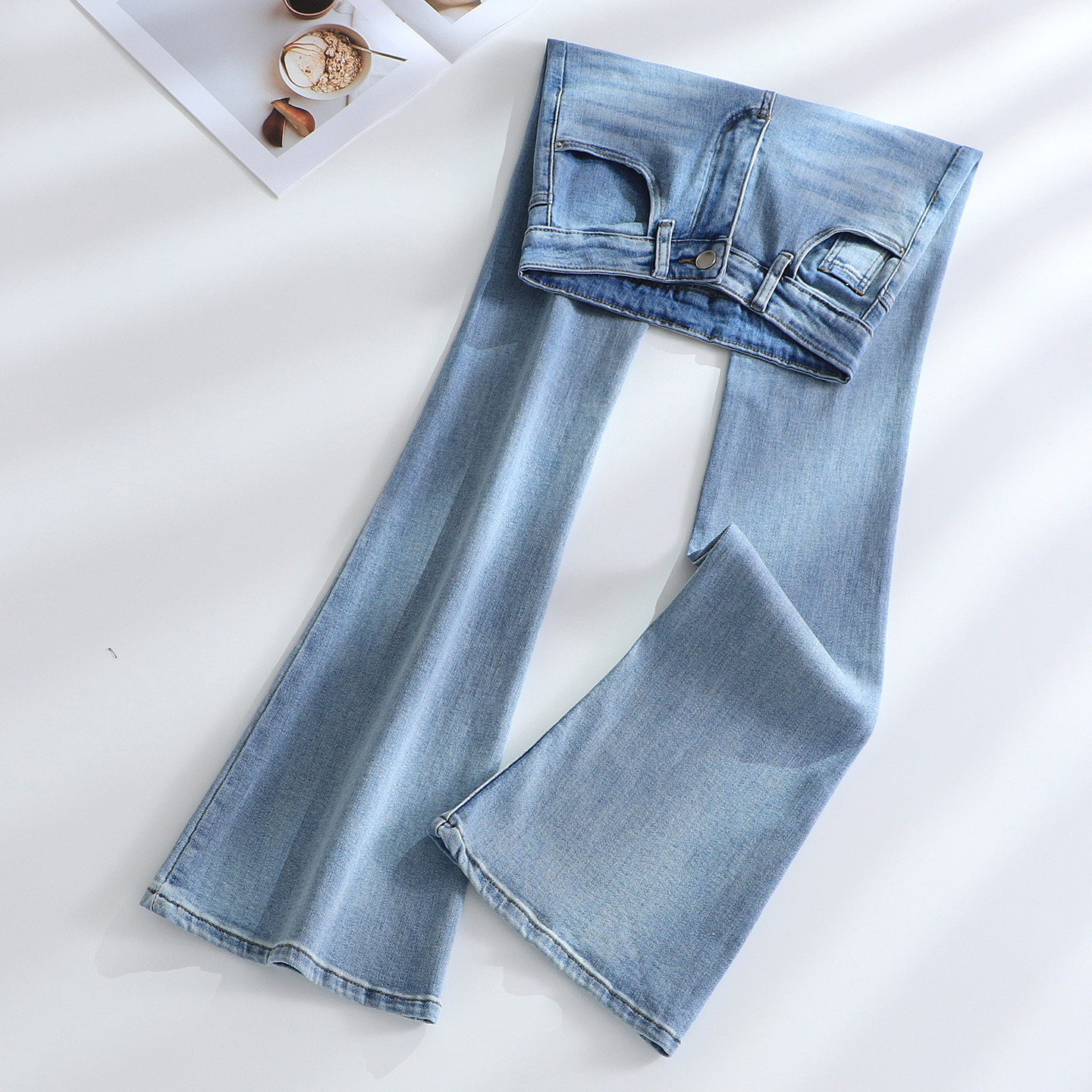 it :CHOCOOLATE浅蓝色紧身微喇牛仔裤女高腰修身显瘦弹力喇叭裤子